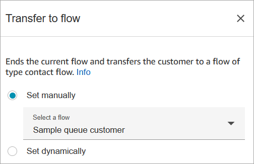 Transfira para uma caixa de diálogo de fluxo com opções a serem definidas manual ou dinamicamente, mostrando exemplos de seleção de clientes na fila.