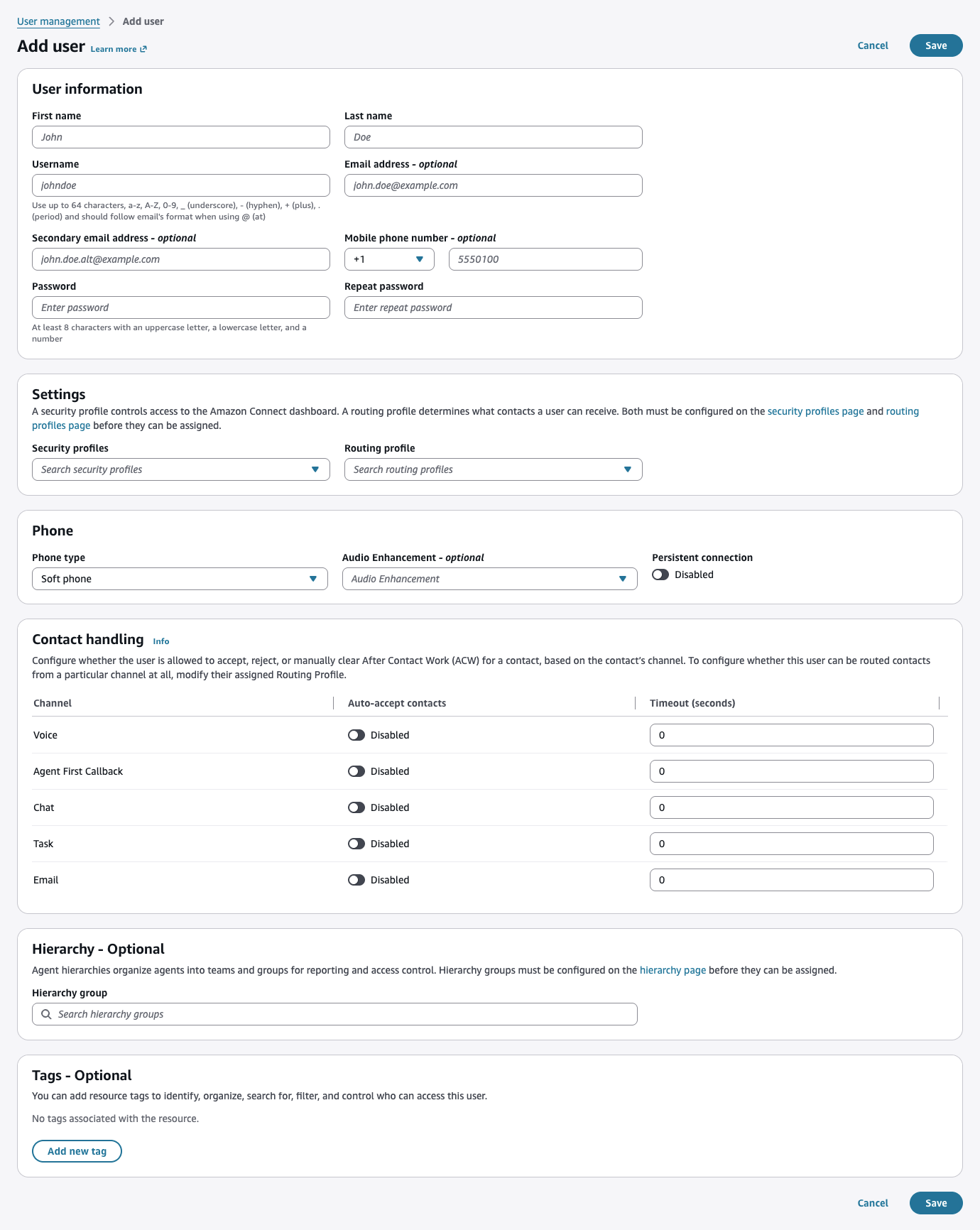O formulário de criação do usuário mostrando os campos nome, login, perfil de roteamento e perfil de segurança.
