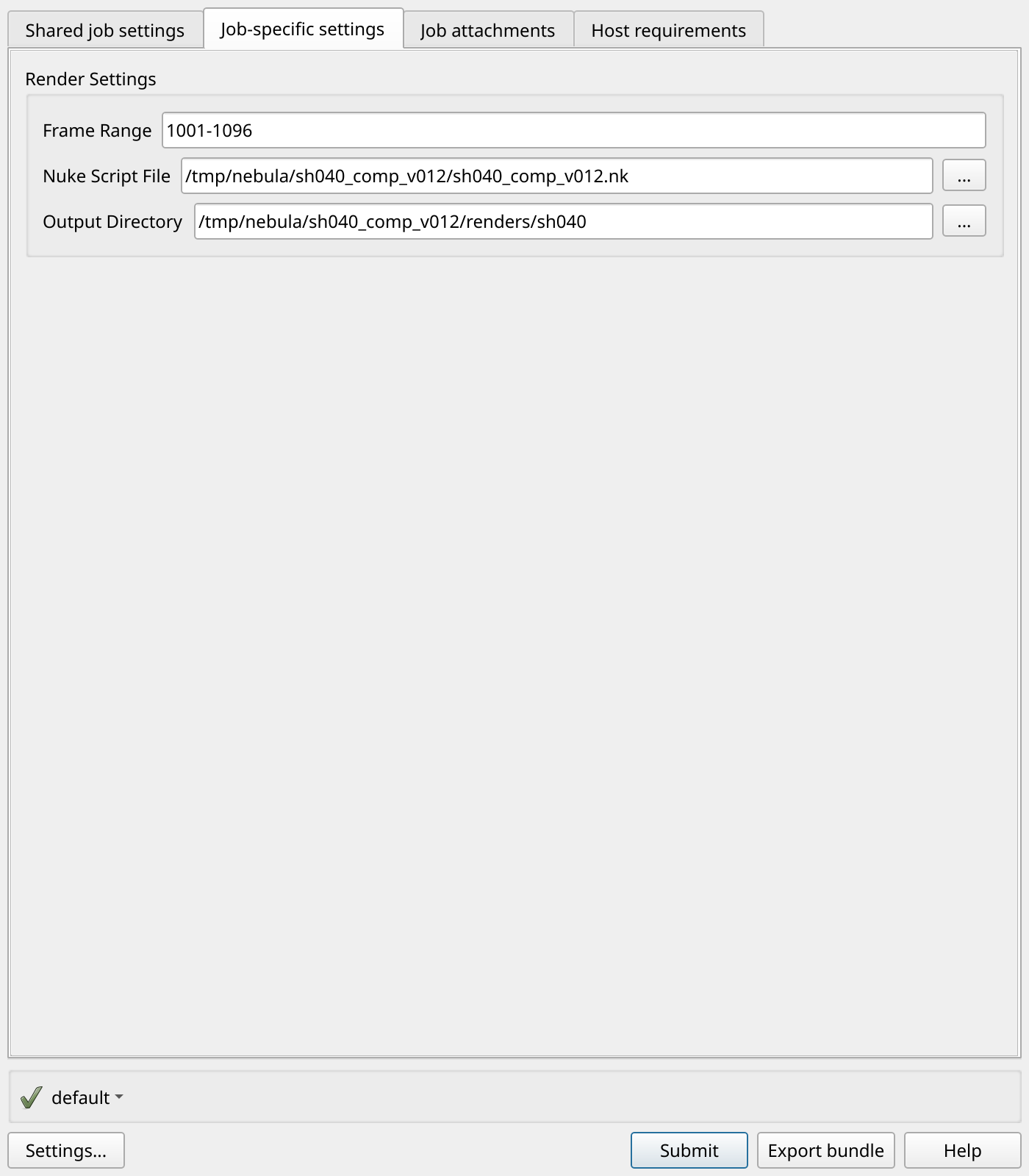 A guia de configurações específicas do trabalho, com um campo de intervalo de quadros, um seletor de arquivos de cena e um seletor de diretório de saída.