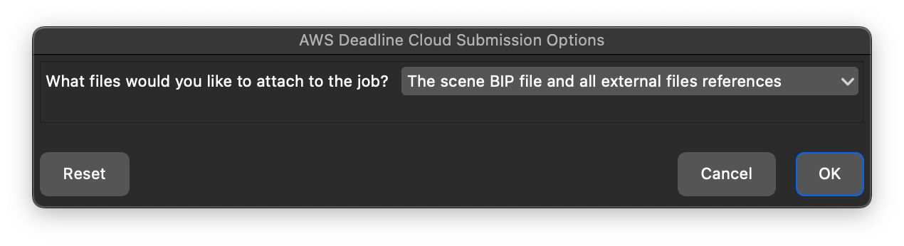 Caixa de diálogo Opções de envio do Deadline Cloud solicitando que o usuário escolha quais arquivos anexar ao trabalho.