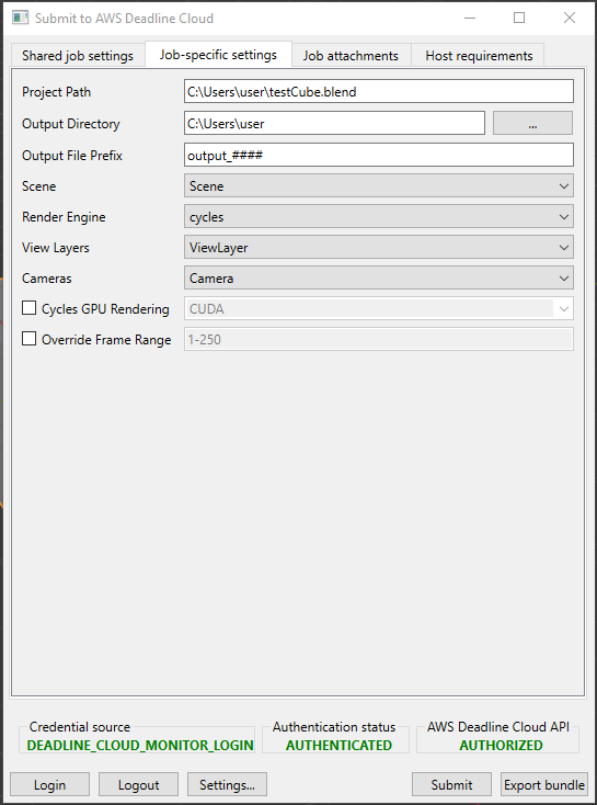 A guia de configurações específicas do trabalho do Blender remetente.