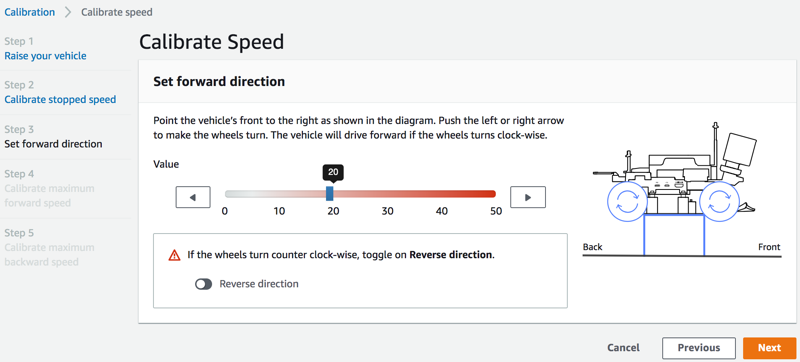 Imagem: defina a direção de avanço para o DeepRacer veículo da AWS.