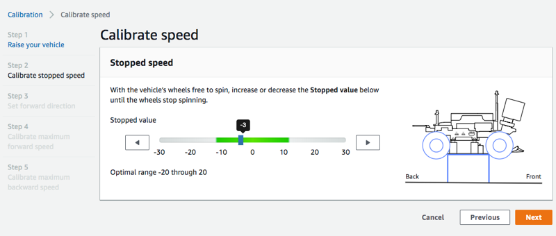 Imagem: Calibre a velocidade parada do DeepRacer veículo da AWS.