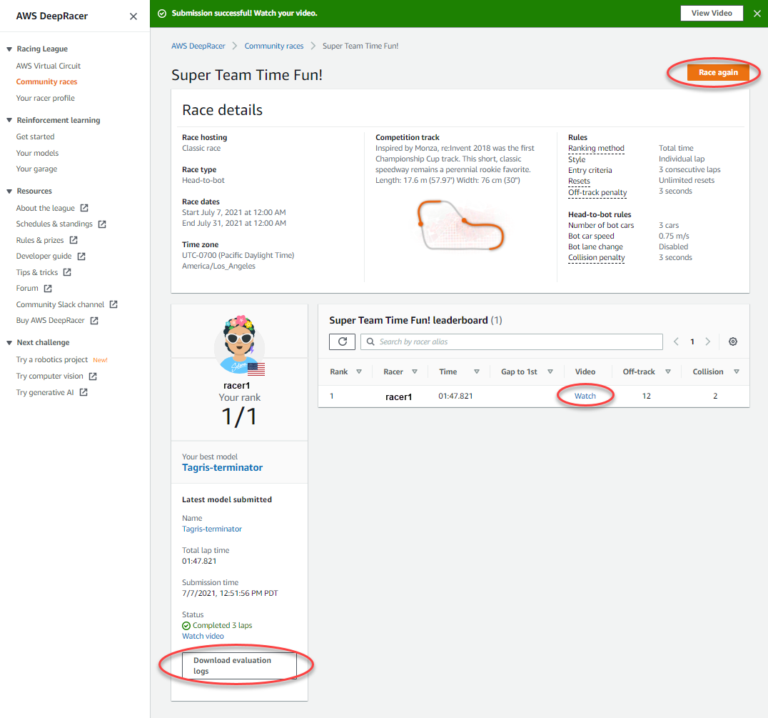 Imagem: Envie um modelo para uma corrida da DeepRacer comunidade da AWS a partir do console.