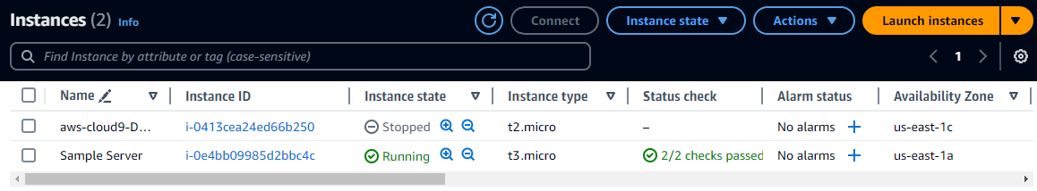 Tabela de instâncias listando duas instâncias no EC2 console da Amazon.