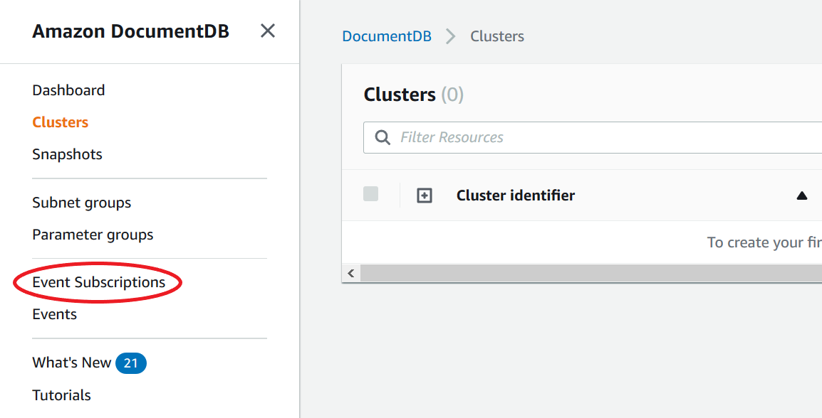 Painel de navegação do console Amazon DocumentDB com a opção Event Subscriptions destacada.