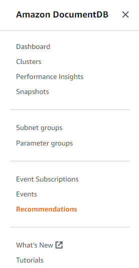 Painel de navegação do console Amazon DocumentDB com a opção Recomendações selecionada.