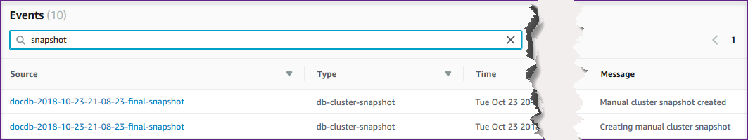 Captura de tela da seção de eventos mostrando eventos de filtragem para snapshots.