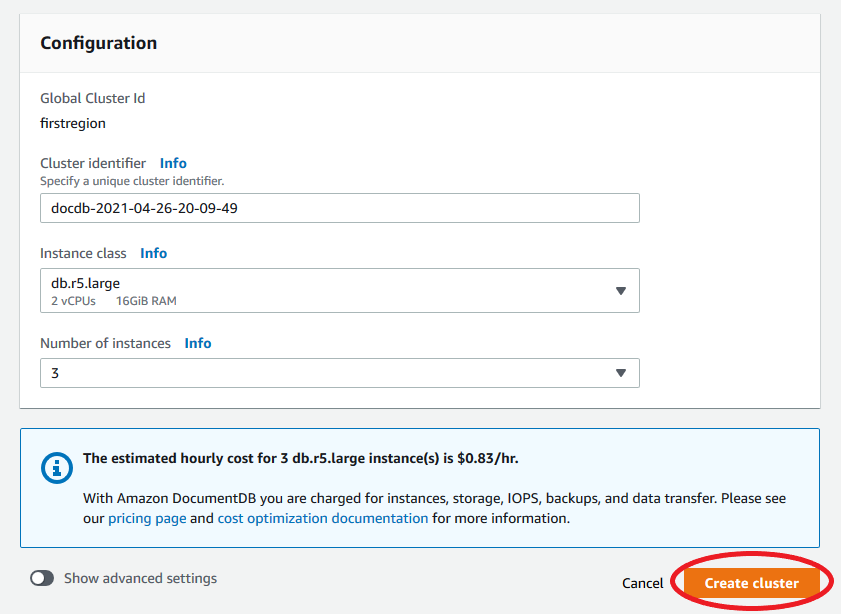Etapas finais da adição de uma região a um cluster, mostrando o formulário de configuração, a estimativa de custo por hora e o botão Criar cluster.