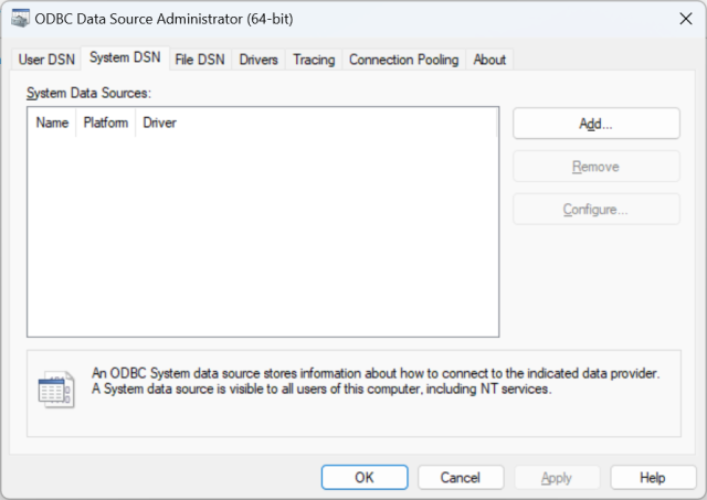 Interface do administrador da fonte de dados de ODBC mostrando o botão Adicionar.