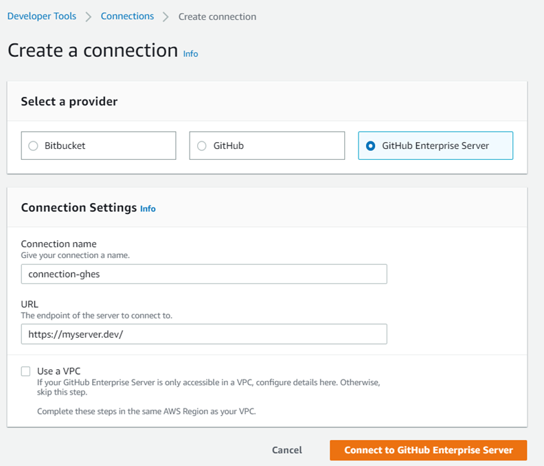 Captura de tela do console mostrando a página Create host settings page with no VPC (Criar configurações do host sem VPC).