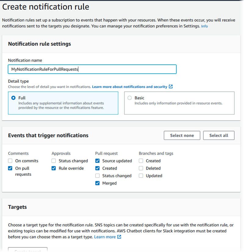 Criação de uma regra de notificação para um repositório no console do AWS Developer Tools.