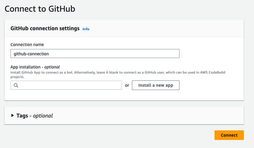Captura de tela do console mostrando a página de GitHub conexão inicial com o campo GitHub Aplicativos.