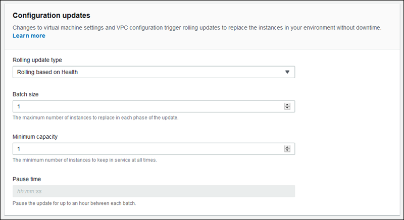 Seção de atualizações da configuração na página de configuração de modificação de atualizações e implantações contínuas