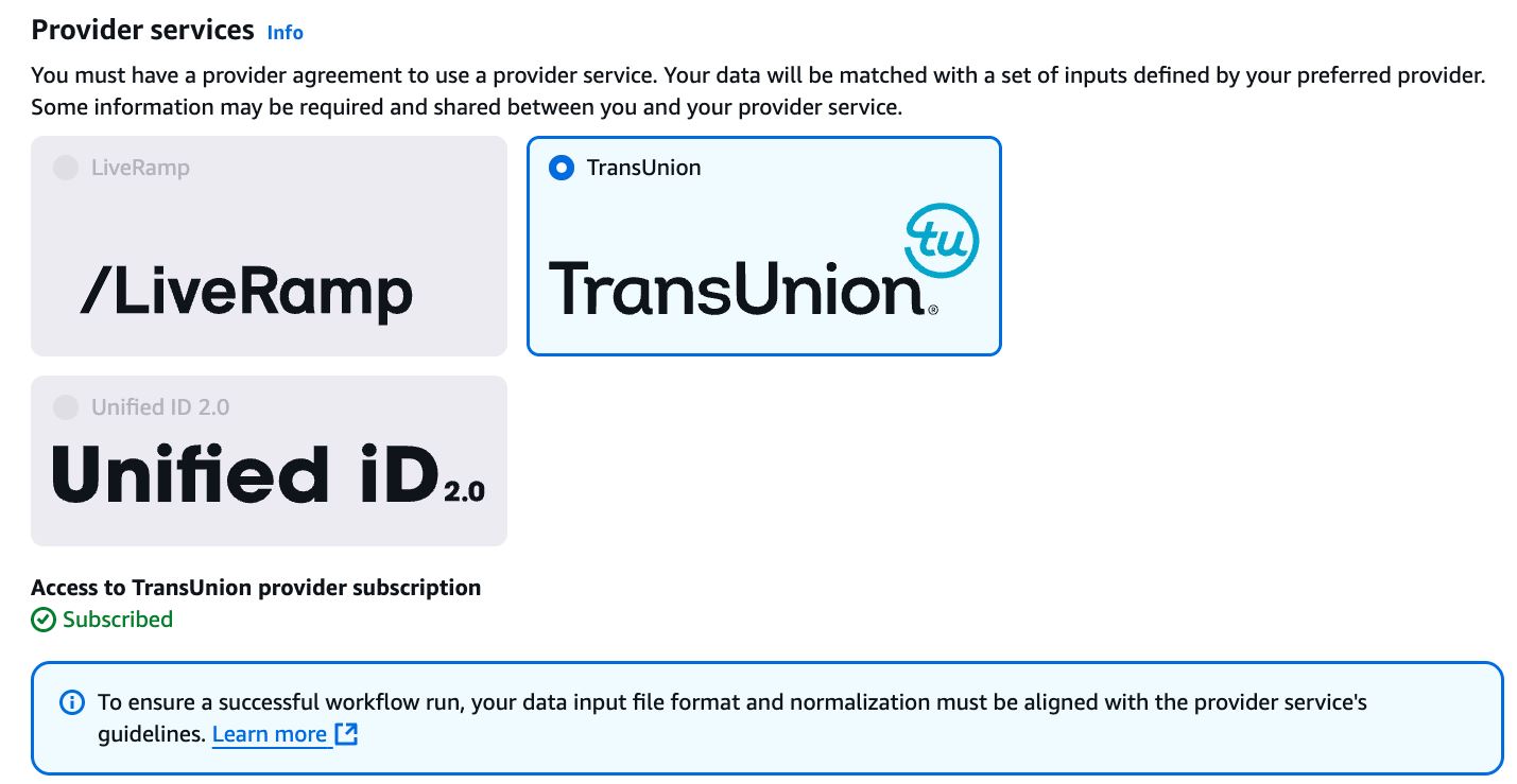 Opções de serviços do provedor com o serviço do TransUnion provedor selecionado.