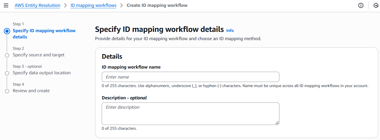 The Name and Description fields on the Specify ID mapping workflow details page