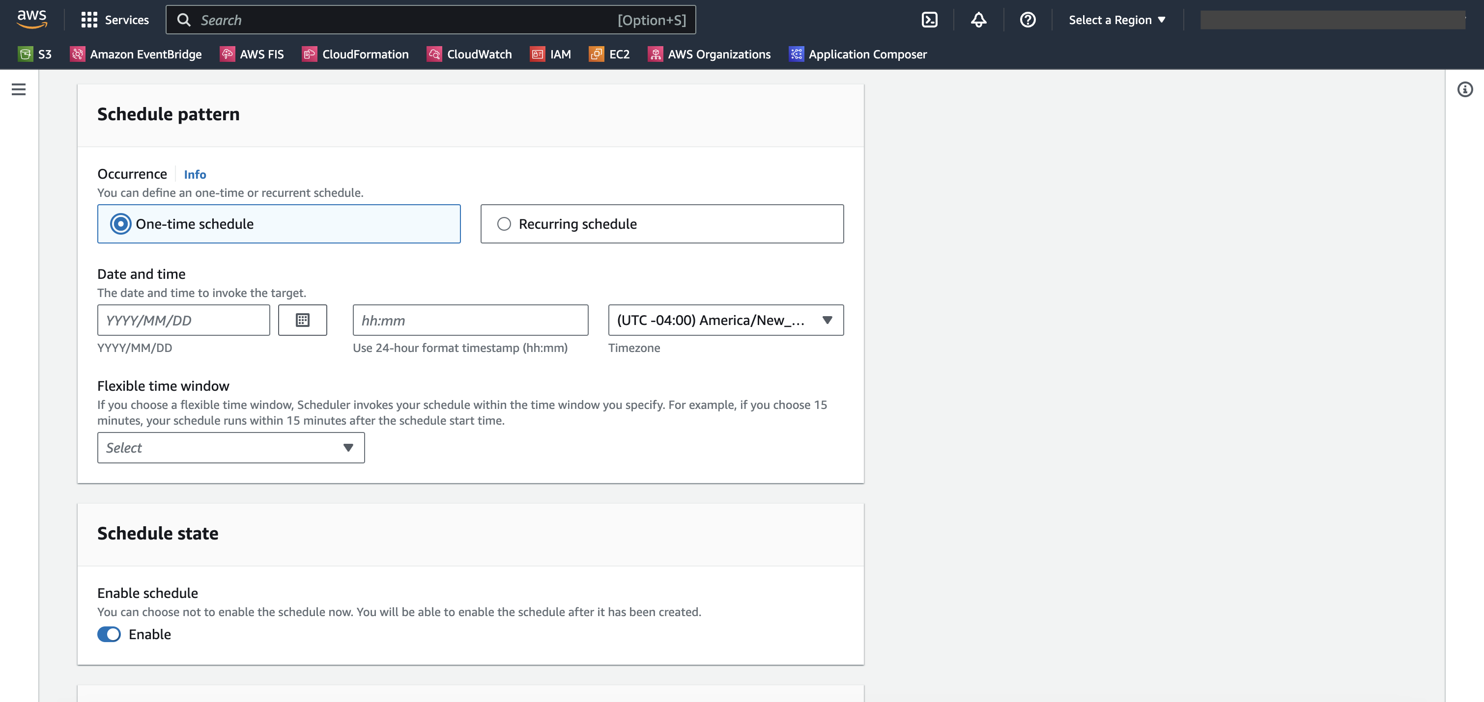 Interface de padrão de agendamento com opções para agendas e configurações únicas ou recorrentes date/time