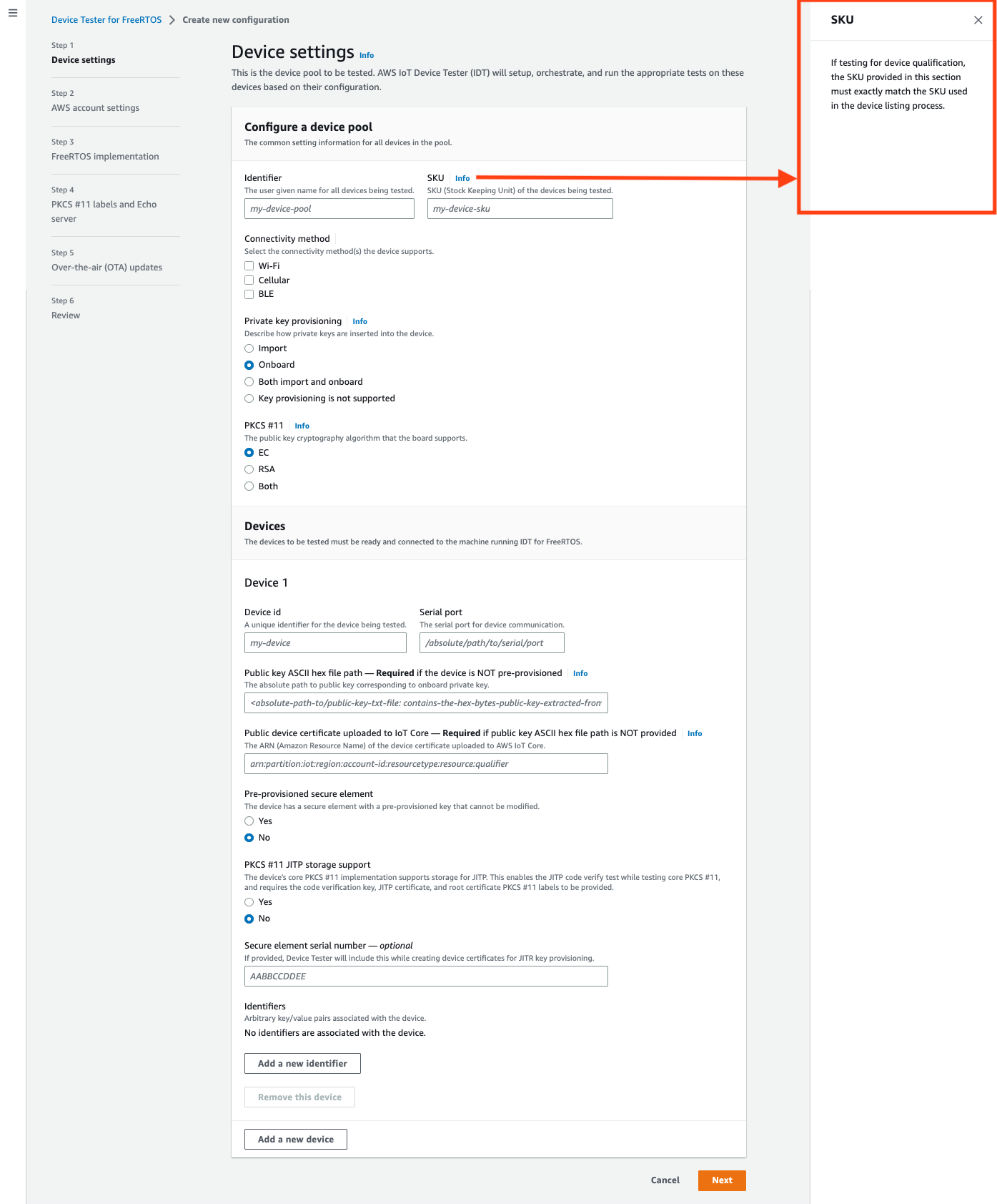 Tela de configuração do Device Tester for FreeRTOS com campos Identificador e SKU para configurar um pool de dispositivos, opções de configurações do dispositivo, como método de conectividade, provisionamento de chaves, configurações de PKCS #11, campos de entrada de detalhes do dispositivo e controles para adicionar dispositivos ou identificadores.