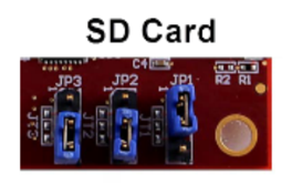 Cartão SD com três slots rotulados JP1 JP3 e um suporte de bateria com célula tipo moeda. JP2