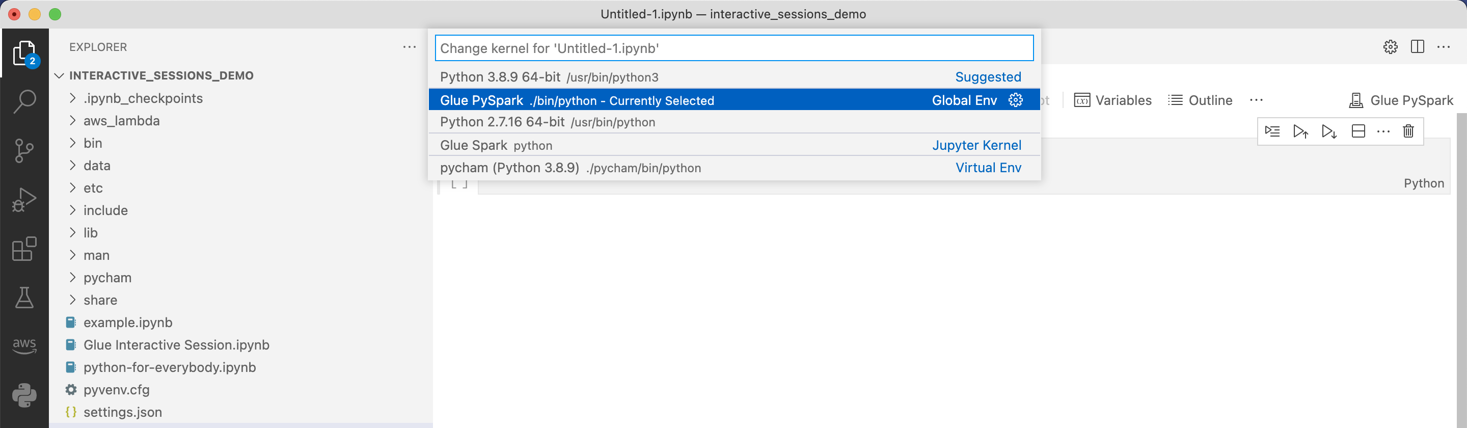A captura de tela mostra a seleção do AWS Glue PySpark.