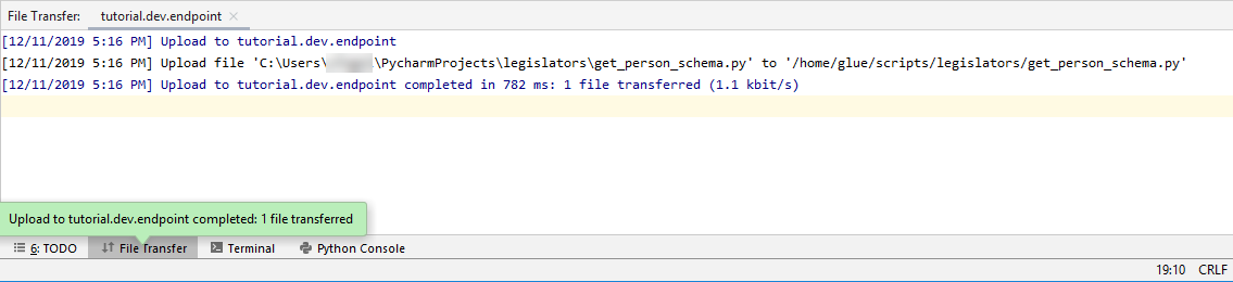 Parte inferior da tela PyCharm depois de uma implantação bem-sucedida.