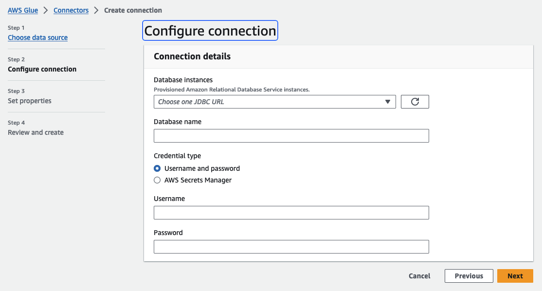 A captura de tela mostra os detalhes da conexão necessários para configuração Amazon Aurora como fonte de dados.
