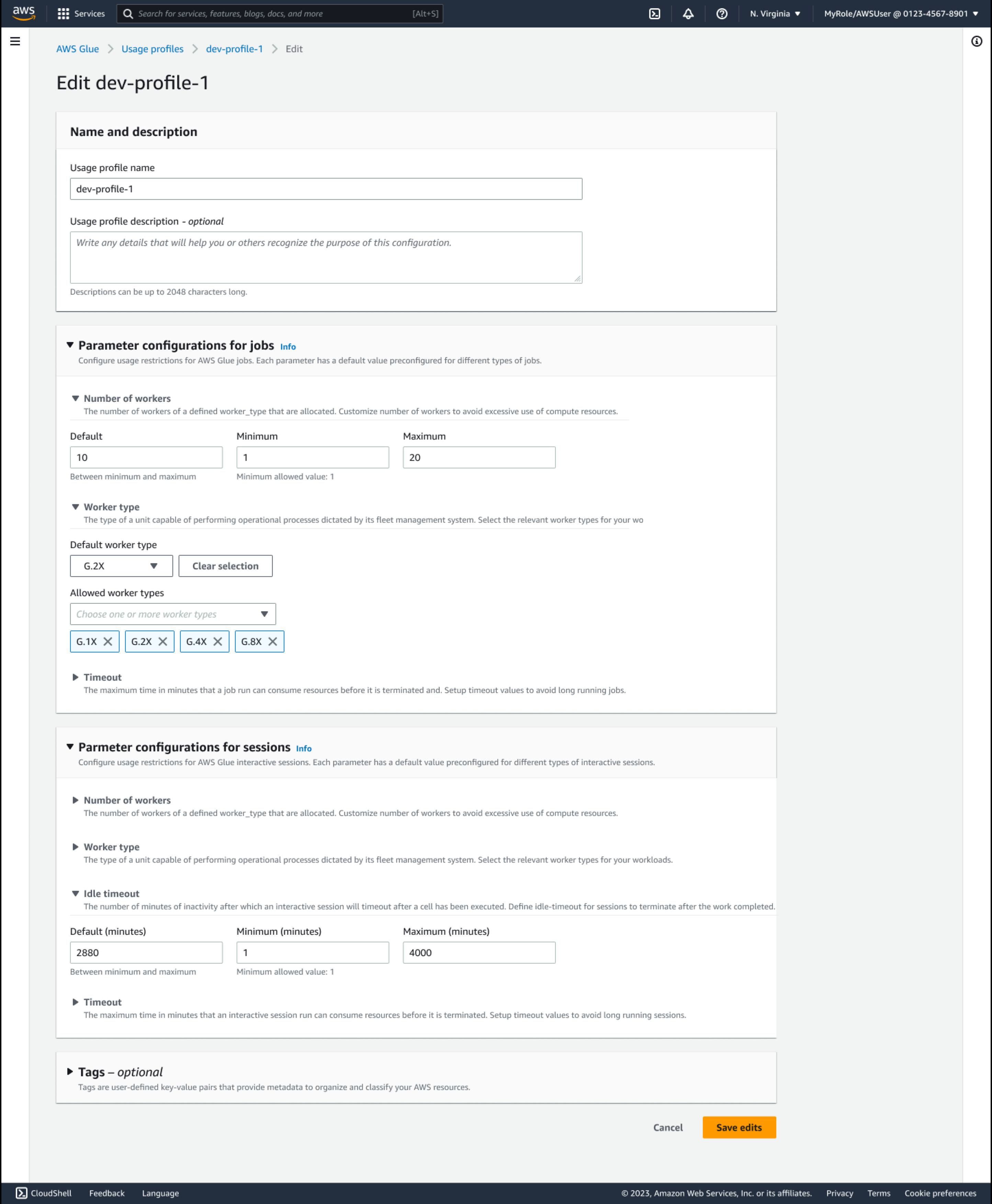 Um exemplo de um usuário editando um perfil de uso no AWS Glue.