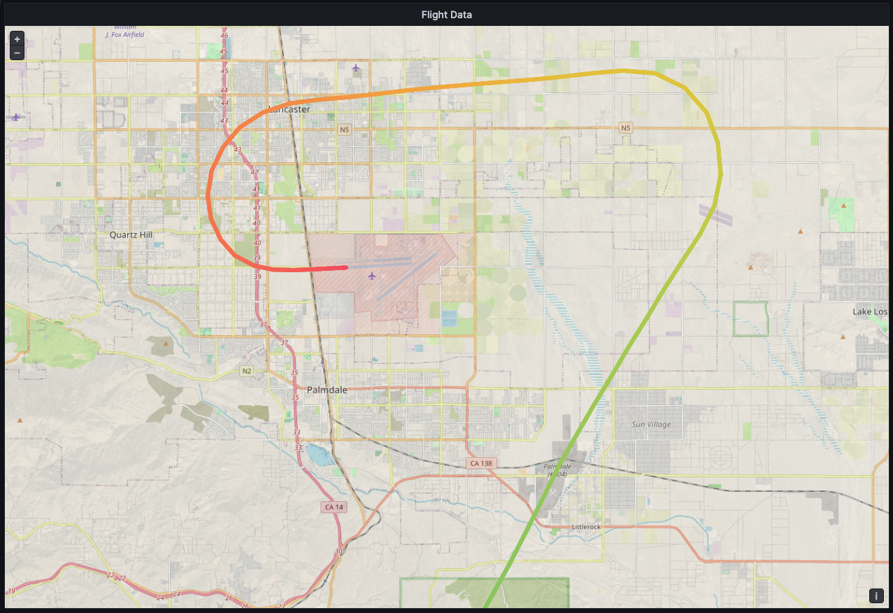 Uma imagem mostrando um exemplo de uma camada de rota usando a visualização de mapa geográfico no Grafana.