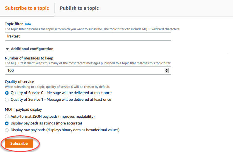 A página Subscriptions (Inscrições) com Subscribe to topic (Inscrever-se no tópico) em destaque.