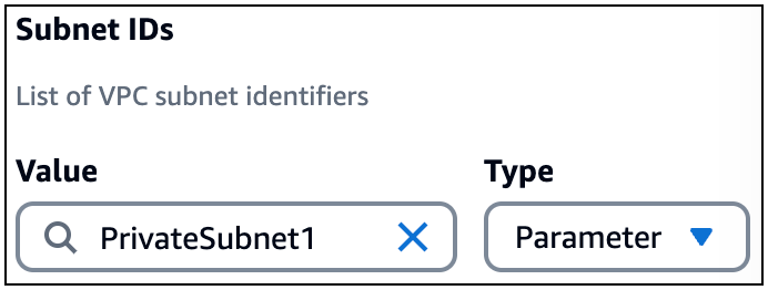 Um valor PrivateSubnet 1 sendo fornecido para o tipo de parâmetro de um campo de ID de sub-rede.