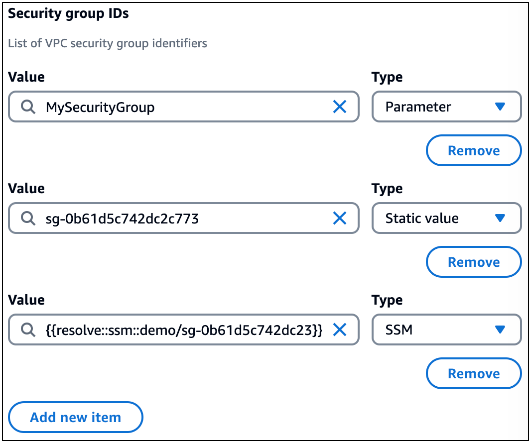 Três tipos de valores diferentes sendo usados para fornecer identificadores para o campo de ID do grupo de segurança de uma função Lambda.