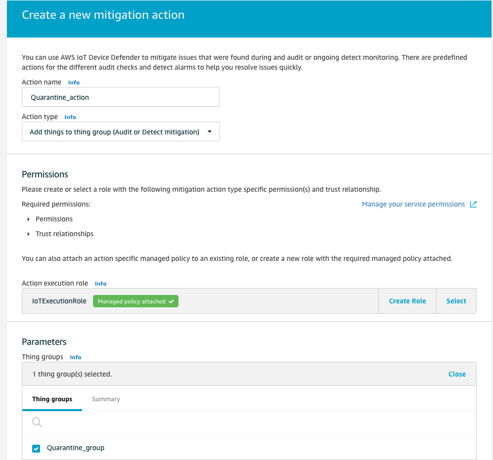 Formulário de configuração da ação de mitigação do AWS IoT Device Defender com os campos Nome da ação, Tipo de ação, Permissões, Perfil de execução da ação e Grupos de coisas.