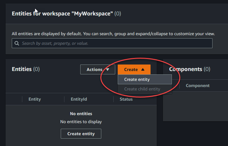 Uma página do console TwinMaker Entidades com a opção Criar entidade aparecendo em Criar.