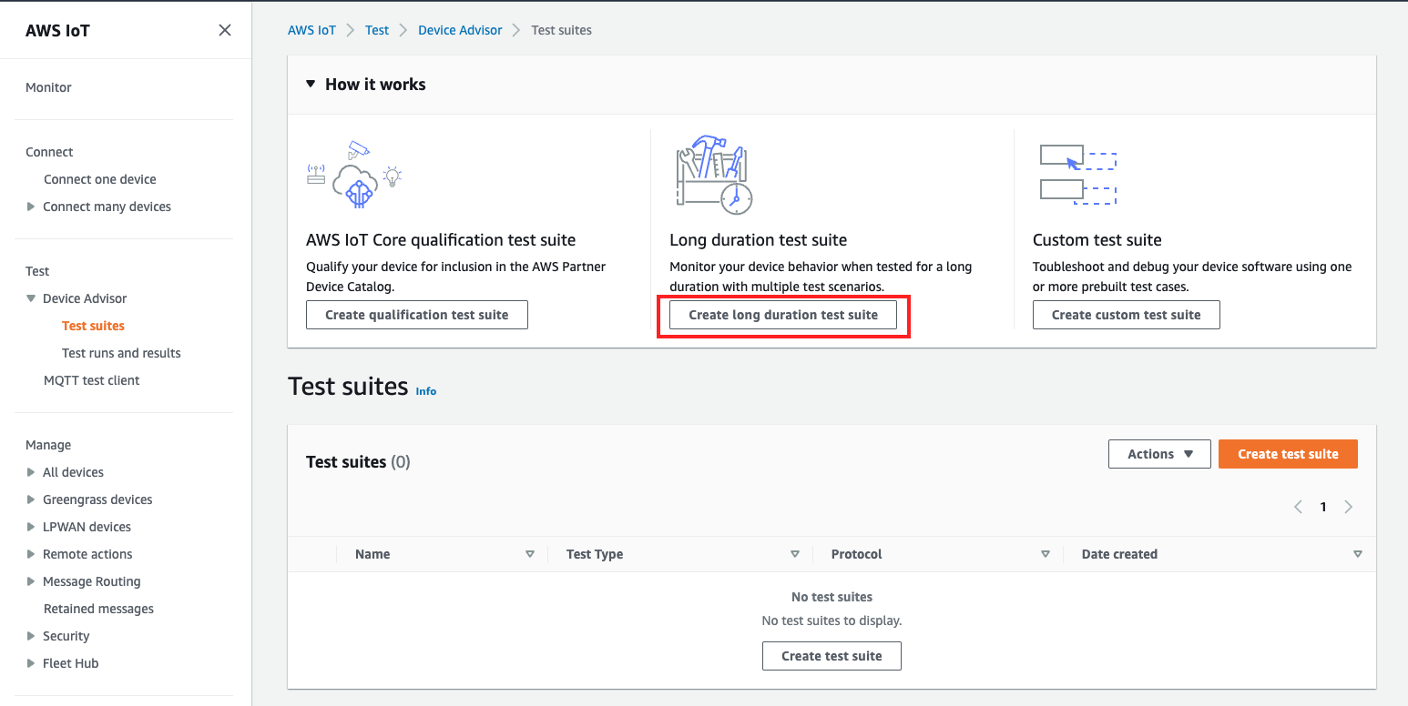 A seção Criar pacote de testes de longa duração do console do Device Advisor.