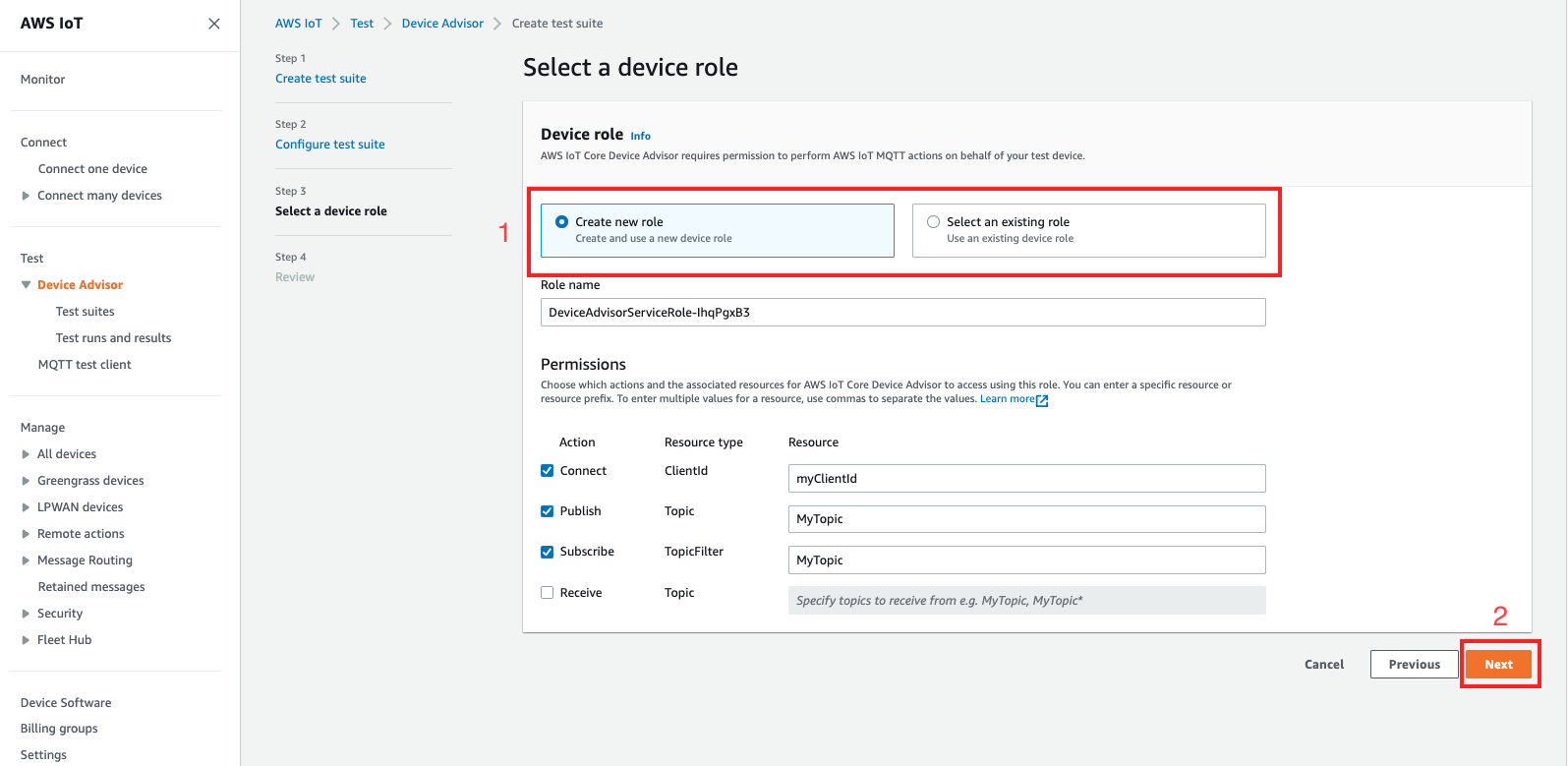 A etapa de função de dispositivo em que é possível criar ou selecionar um perfil para o dispositivo que está sendo testado. A função concede permissões para que o Device Advisor execute ações MQTT como Connect, Publish e Subscribe em nome do dispositivo de teste.