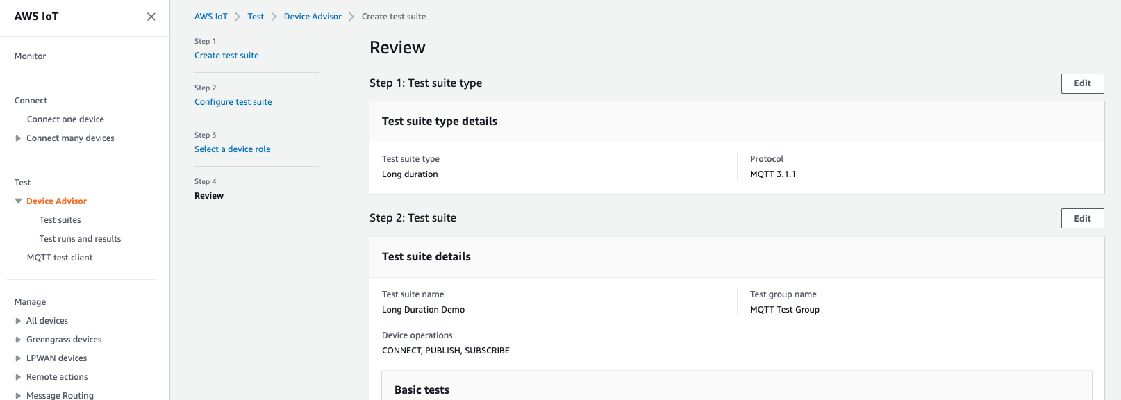 A página “Revisão”, na qual você pode revisar todos os detalhes da configuração do Device Advisor.