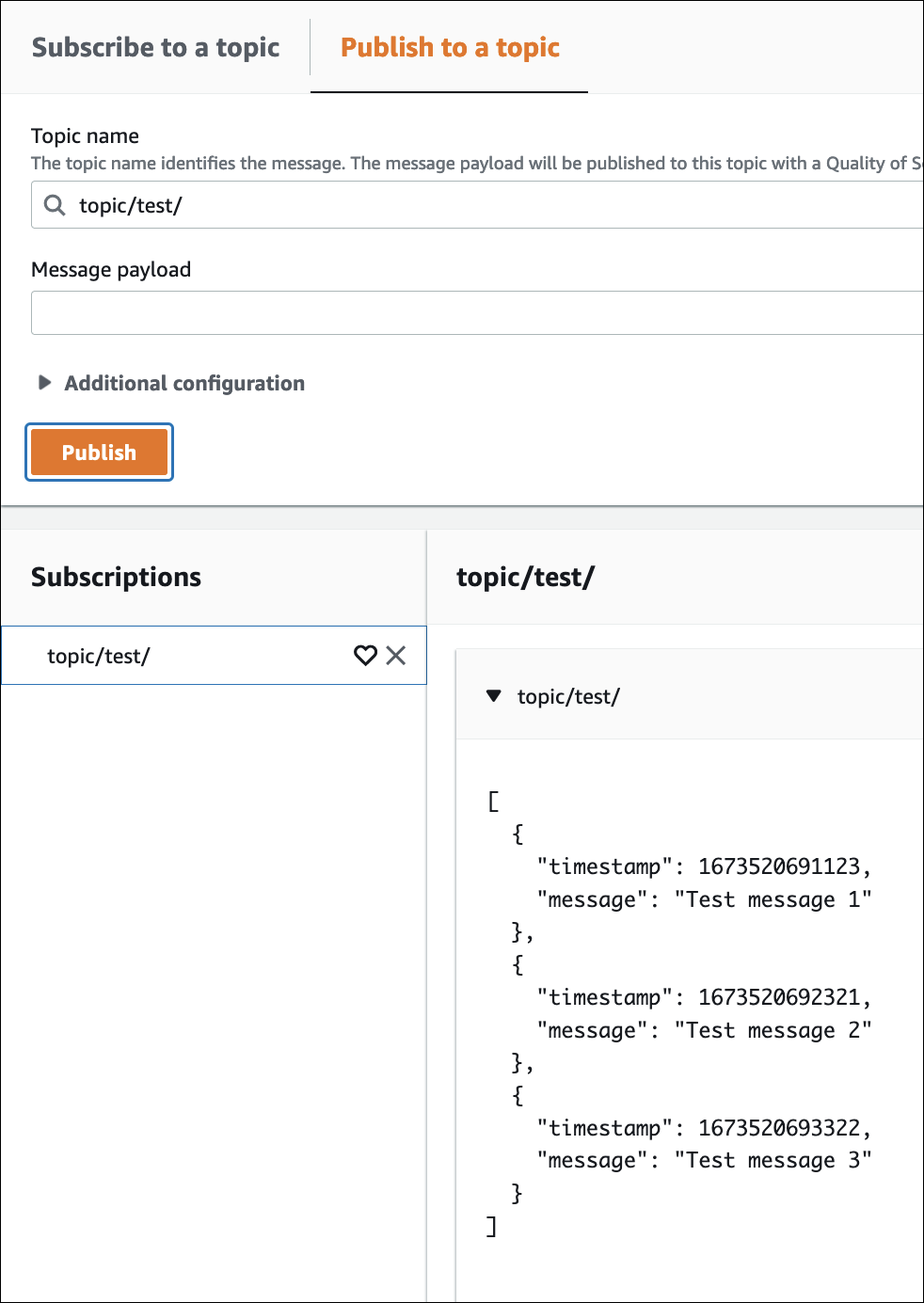 As mensagens do MQTT que aparecem na tabela Assinaturas e Tópicos.
