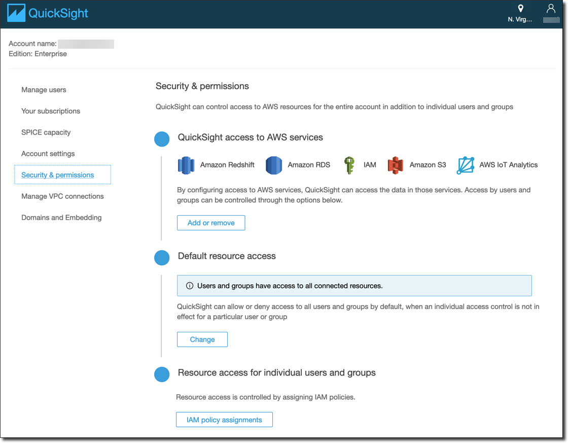 Captura de tela do QuickSight console.