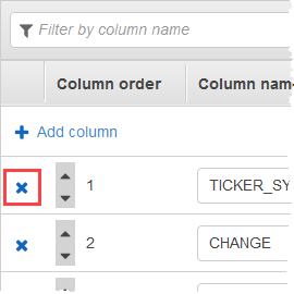 Captura de tela do editor de esquema mostrando o ícone x ao lado do número da coluna.