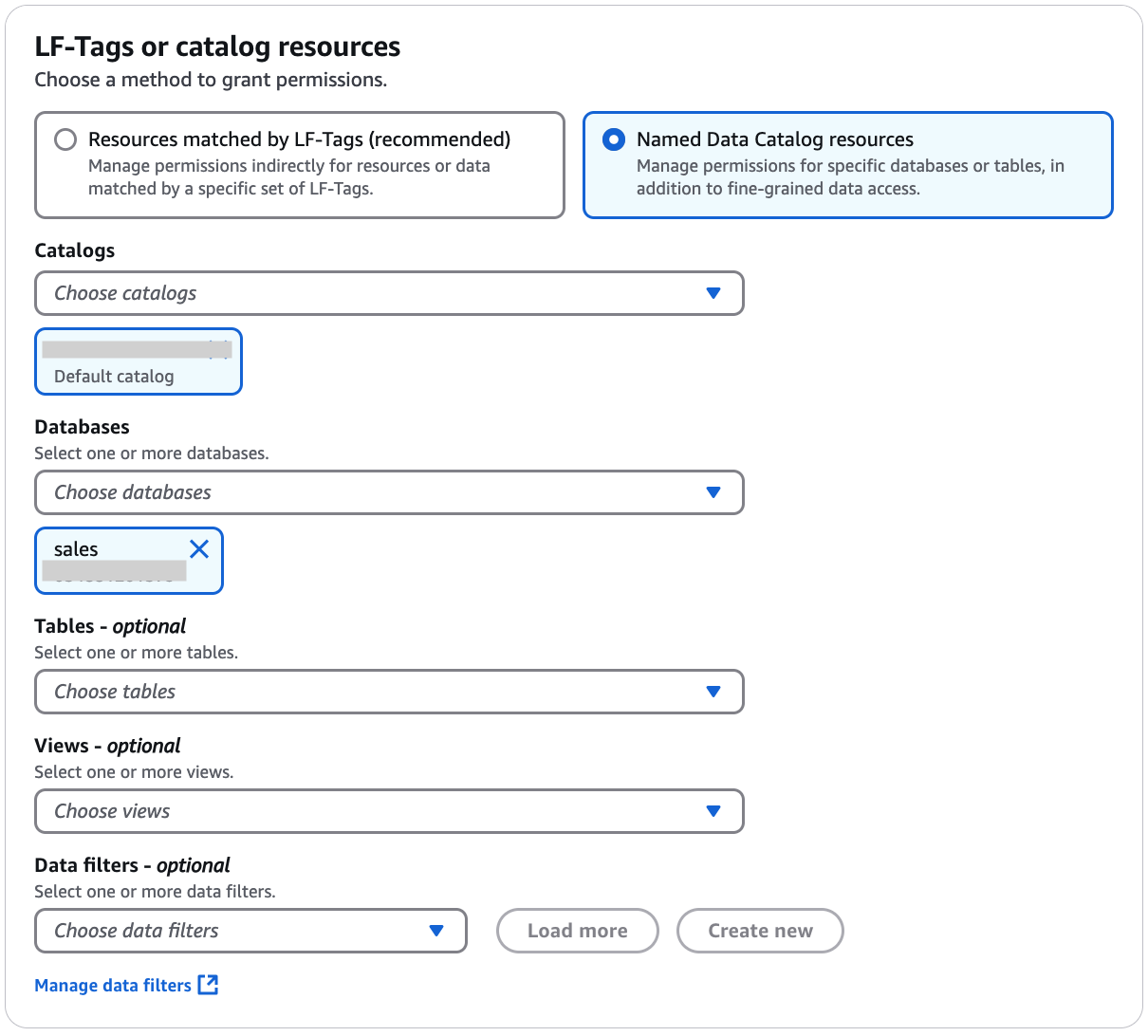 A seção tags do LF ou recursos do catálogo contém dois blocos dispostos horizontalmente, onde cada bloco contém um botão de opção e um texto descritivo. As opções são Recursos combinados por tags do LF e recursos do Catálogo de dados nomeados. Abaixo dos blocos, há duas listas suspensas: Banco de dados e Tabela. A lista suspensa Banco de dados tem um quadro abaixo dela contendo o nome do banco de dados selecionado.