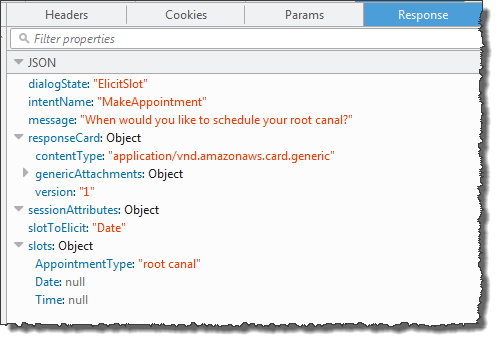 Resposta JSON contendo a intenção de marcar um compromisso, o tipo de compromisso preenchido e uma mensagem indicando a data do compromisso.