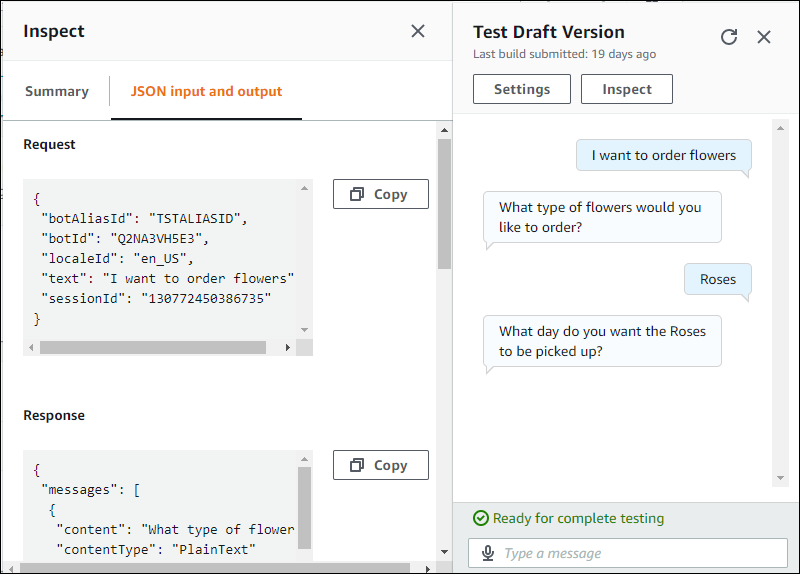A janela de teste mostrando as estruturas JSON usadas em uma conversa com um bot.