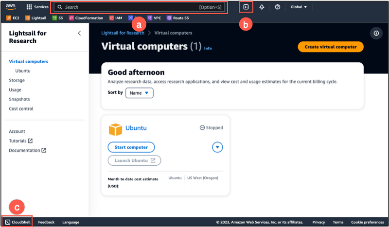 Principais recursos da AWS CloudShell interface.