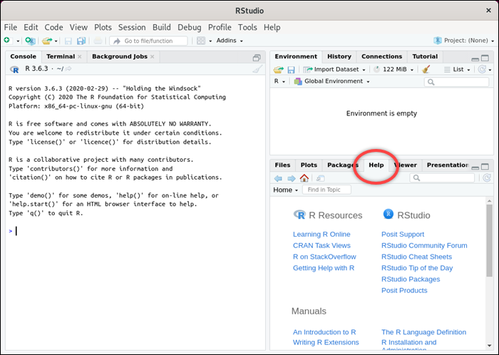Aba de ajuda no RStudio aplicativo.