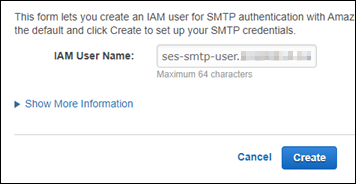 Nome de usuário do IAM para credenciais SMTP no console do Amazon SES.