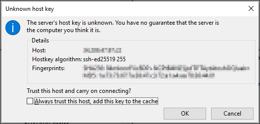 Entrada de host desconhecida FileZilla.