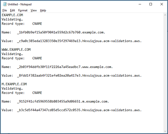 Arquivo de texto com registros CNAME de certificado.