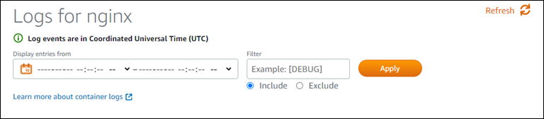 Filtros de registro do serviço de contêiner no console Lightsail