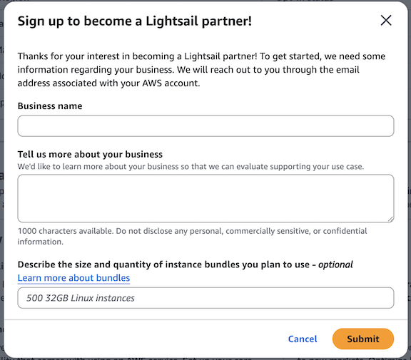 Formulário de solicitação de parceiro do Lightsail.