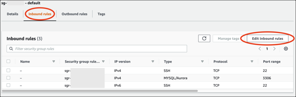 Captura de tela da guia Regras de entrada do console do Amazon RDS.